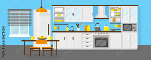 Kitchen interior with furniture and fridge