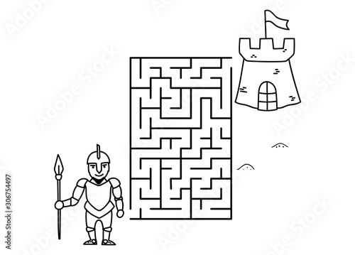 Black coloring pages with maze. Cartoon knight and castle. Kids education art game. Template design on white background. Outline vector