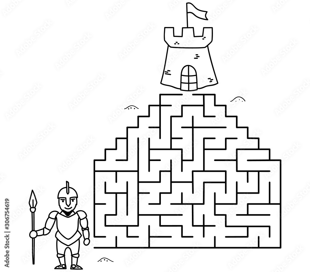 Black coloring pages with maze. Cartoon knight and castle. Kids ...
