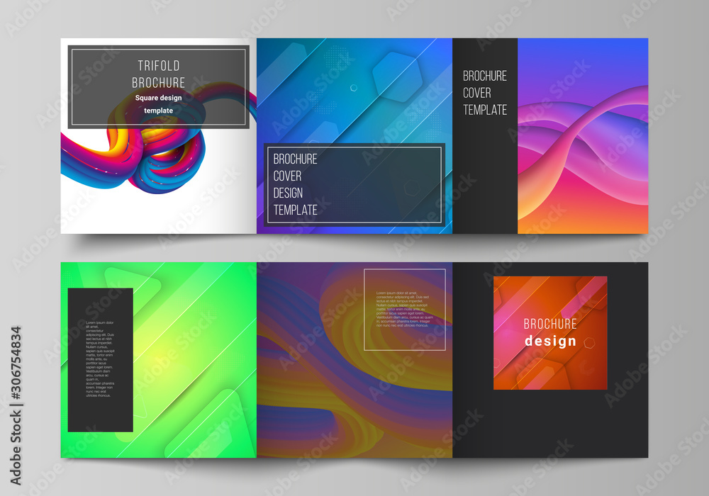Minimal vector editable layout of square format covers design templates for trifold brochure, flyer, magazine. Futuristic technology design, colorful backgrounds with fluid gradient shapes composition Minimal vector editable layout of square format covers design templates for trifold brochure, flyer, magazine. Futuristic technology design, colorful backgrounds with fluid gradient shapes composition