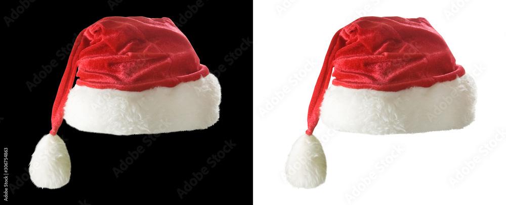 Image of red christmas hat on a white and black background - obrazy, fototapety, plakaty 
