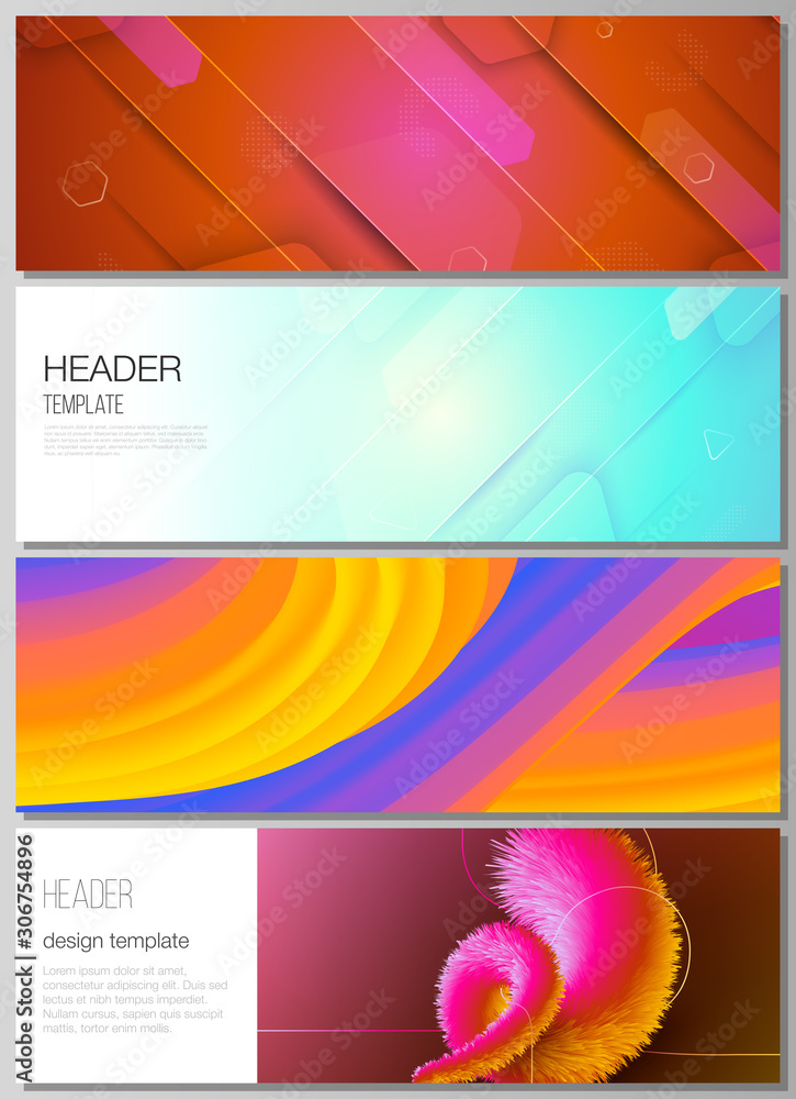 The minimalistic vector illustration of the editable layout of headers, banner design templates. Futuristic technology design, colorful backgrounds with fluid gradient shapes composition.