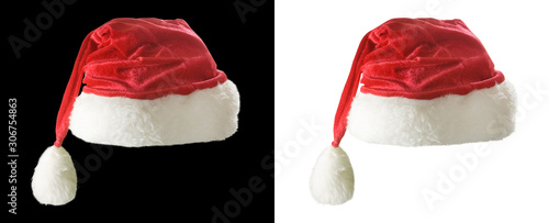 Image of red christmas hat on a white and black background