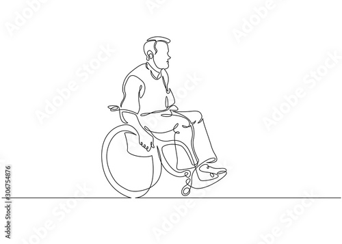 Continuous line drawing. Disabled man on wheelchair enjoy with moving. Vector illustration total editable, choose thickness and place of line photo