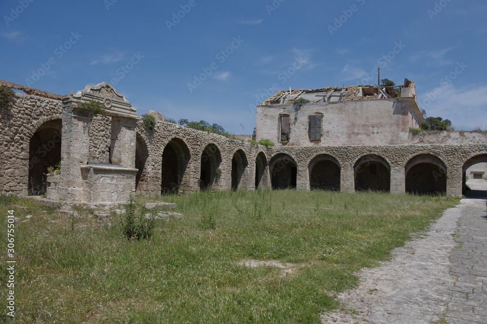 Ruins of the cloister Abbey Santa Maria a Mare, Island of San Nicola, Tremiti Islands, Adriatic Sea, Puglia, Italy
