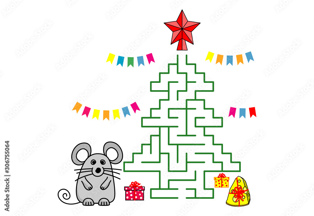 Maze game with cartoon mouse and fir-tree. Kids education art game. Color template design with pet on white background. Outline vector