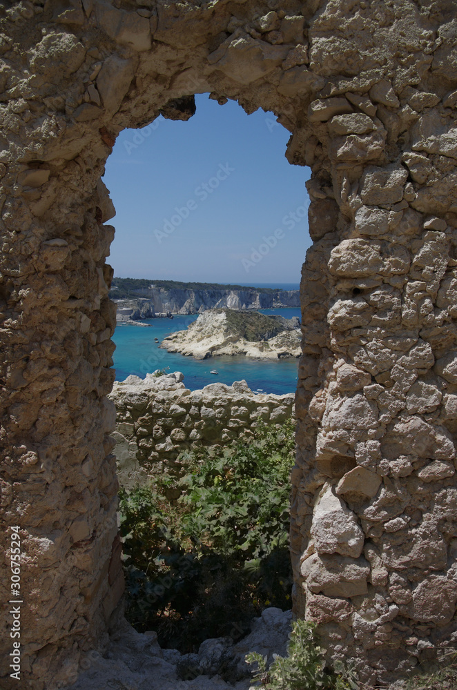 Particular seen from the Island of San Nicola, the gaze is lost towards the island of San Domino. Tremiti islands, Adriatic sea, Puglia, Italy