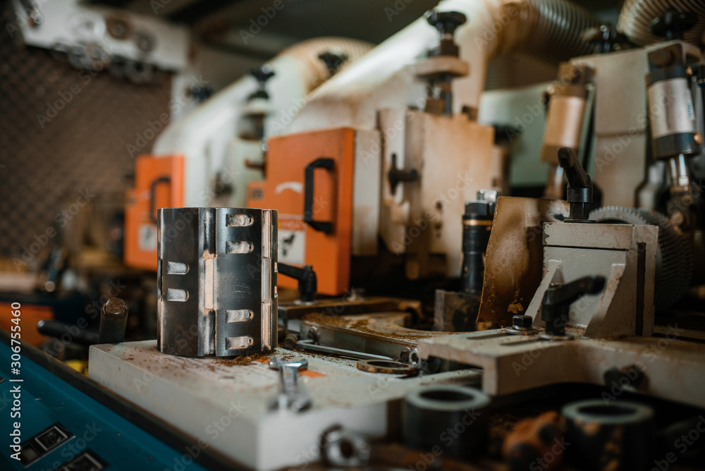 Woodworking machine closeup, wood processing Woodworking machine closeup, wood processing
