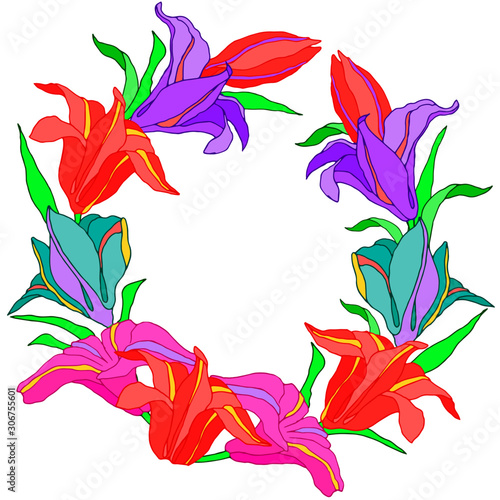 Wreath with bright flowers lilies for greetings