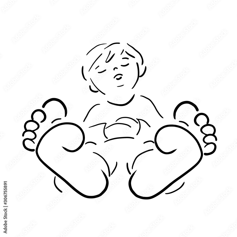 Bauchschmerzen. Junge liegt barfuß, Beine weit von sich gestreckt, Hält sich den Bauch. Hat Schmerzen oder schläft und ruht sich aus. schwarzweiß Logo design, vorlage, template, barefeet boy Bauchschmerzen. Junge liegt barfuß, Beine weit von sich gestreckt, Hält sich den Bauch. Hat Schmerzen oder schläft und ruht sich aus. schwarzweiß Logo design, vorlage, template, barefeet boy