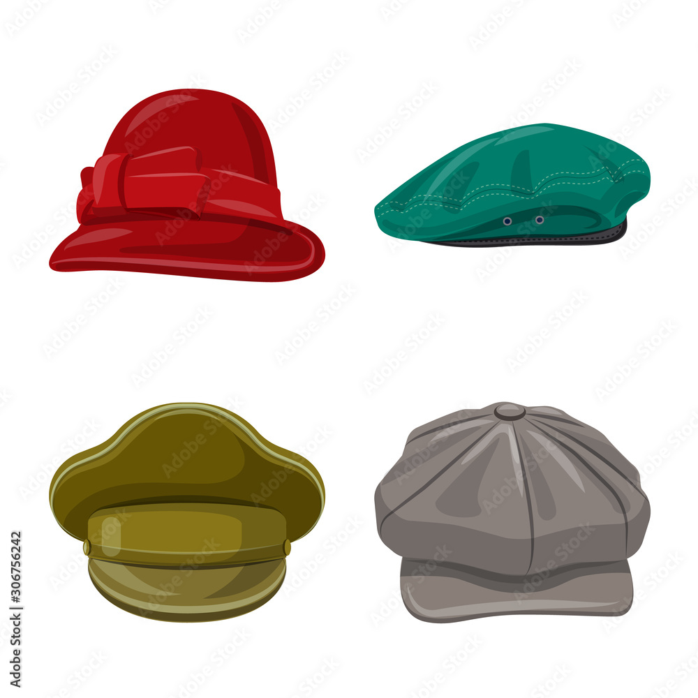 Vector design of headgear and cap symbol. Collection of headgear and accessory vector icon for stock. Vector design of headgear and cap symbol. Collection of headgear and accessory vector icon for stock.