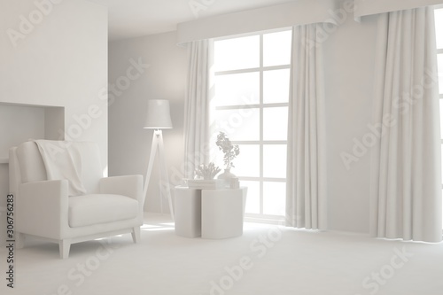 Mock up of stylish room in white color with armchair. Scandinavian interior design. 3D illustration © AntonSh