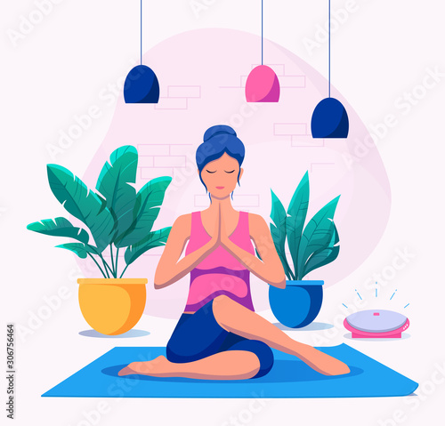 Woman doing yoga at home vector illustration. Healthy lifestyle.