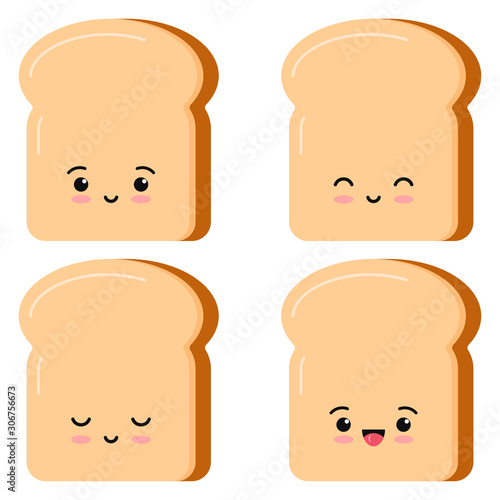 Cute toasts bread kawaii cartoon styly set isolated on white background.