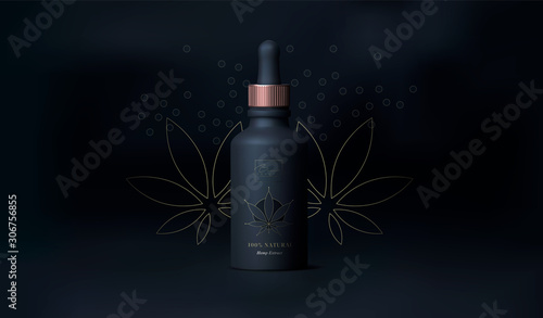 CBD cannabis oil. Marijuana background. Realistic glass bottle with hemp oil. Mock up of cannabis oil extracts in jar. Medical Marijuana background use for flyer or banner. Recreational weed usage.