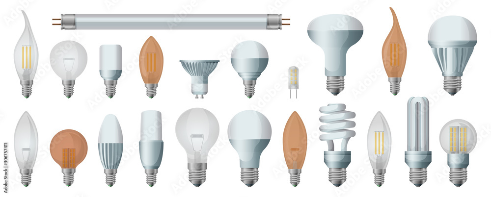 Halogen bulb realistic vector set icon. Illustration of isolated realistic icon halogen of light lamp. Isolated set electric and fluorescent bulb. - obrazy, fototapety, plakaty 