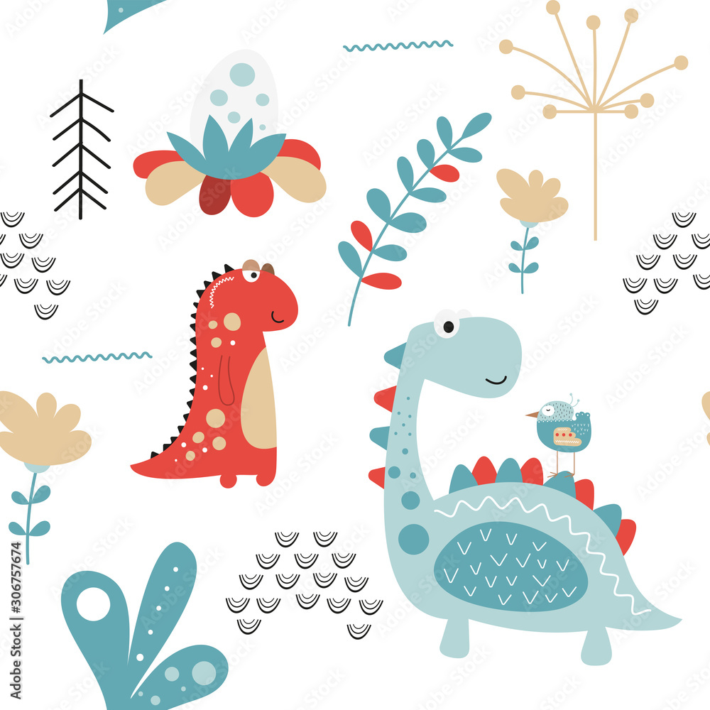 Seamless pattern with hand drawn dinosaurs, birds, dino eggs in scandinavian style. Vector Illustration. Kids illustration for nursery design. Great for baby clothes, wrapping paper. Seamless pattern with hand drawn dinosaurs, birds, dino eggs in scandinavian style. Vector Illustration. Kids illustration for nursery design. Great for baby clothes, wrapping paper.