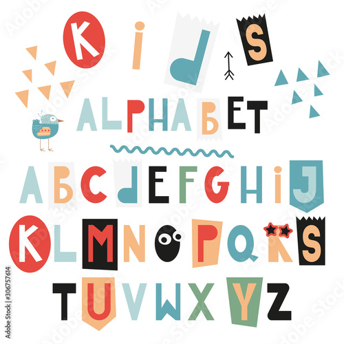 Kids colorful funny alphabet for inscriptions in childish design. Cartoon Hand drawn graphic font. For typography poster  greeting card  banner. ABC. Vector illustration isolated on white background.