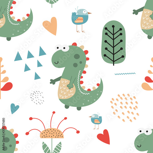 Seamless pattern with hand drawn funny dinosaurs, birds, flowers and trees in scandinavian style. Vector kids illustration for nursery design. Dino style trendy for baby clothes, wrapping paper.