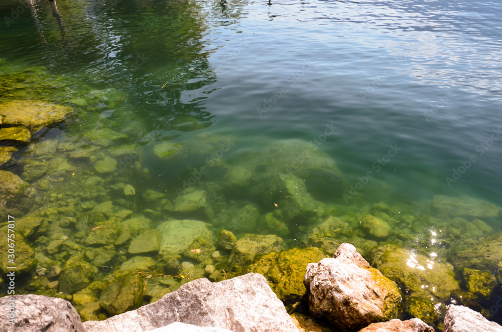 Green water in a lake with some stones