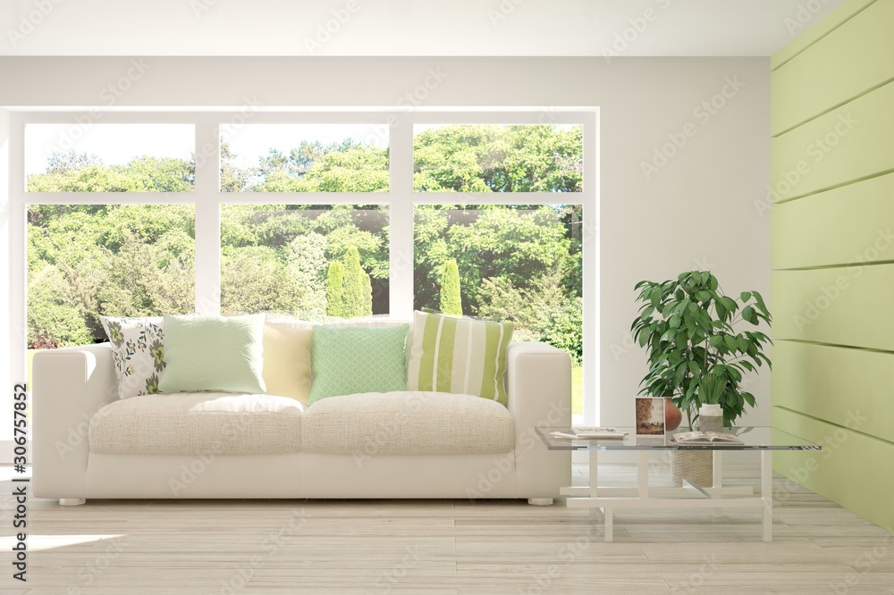 Stylish room in white color with sofa and summer landscape in window. Scandinavian interior design. 3D illustration Stylish room in white color with sofa and summer landscape in window. Scandinavian interior design. 3D illustration