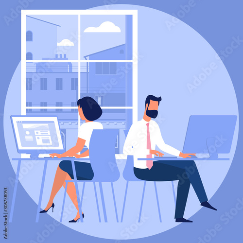 Flat design young people in shared working environment. People talking and working in the open space coworking office. Vector illustration for landing page, website, infographics and mobile app.