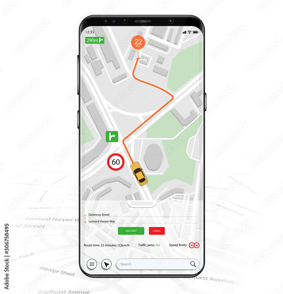 Vecteur Stock Map GPS navigation mockup screen. Smartphone UI UX KIT Mobile  App. Thoughtful and simple application shows roads, speed limit, time.  Application search map navigation, Finish pinpoint on the way.