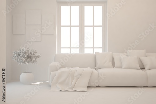 Mock up of stylish room in white color with sofa. Scandinavian interior design. 3D illustration