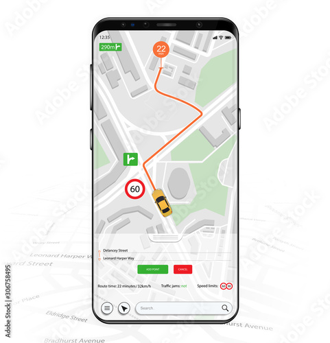 Map GPS navigation mockup screen. Smartphone UI UX KIT Mobile App. Thoughtful and simple application shows roads, speed limit, time. Application search map navigation, Finish pinpoint on the way. 