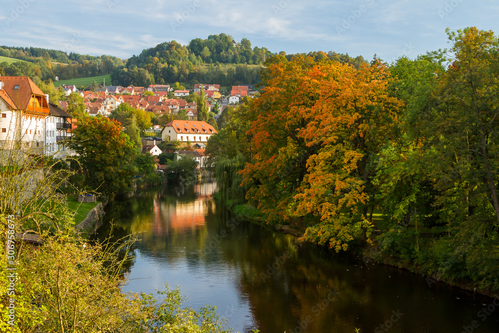Cesky Krumlov on Vltava river in autumn, Czech Republic.