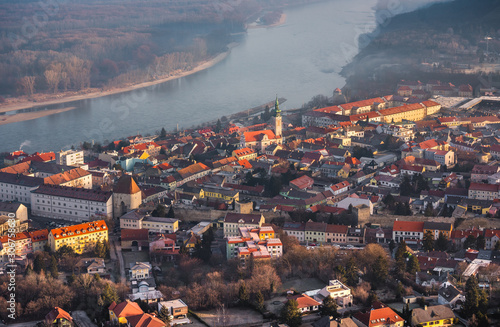 Detail of a Small City near a River at Sunrise. Hainburg an der Donau, Austria.