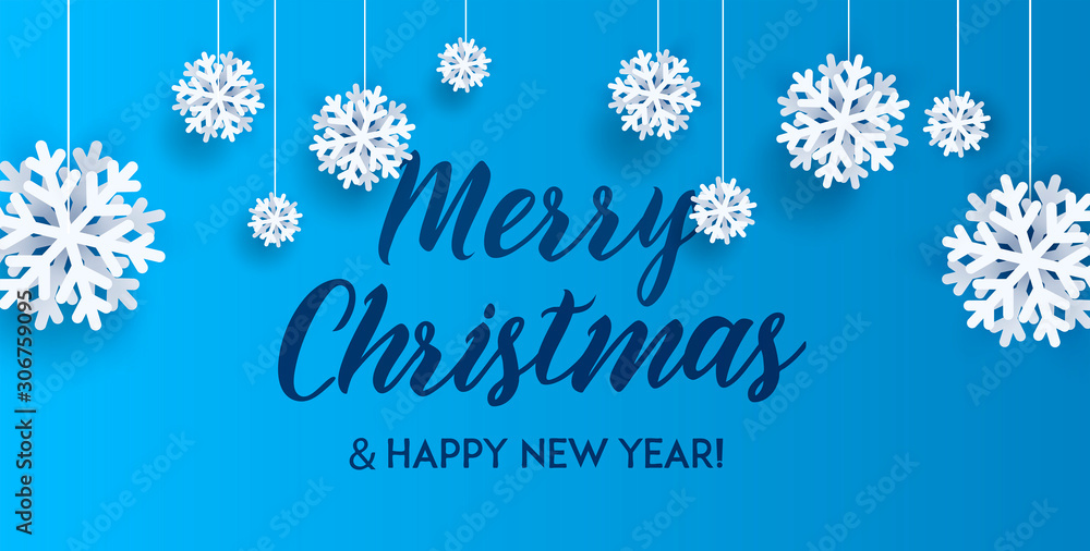Merry Christmas and happy New Year Greetings card. White 3d origami snowflakes and calligraphy between them Merry Christmas and happy New Year Greetings card. White 3d origami snowflakes and calligraphy between them