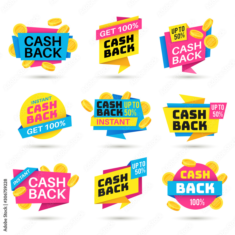 Cashback labels. Cash back banners, return money from purchases, money refund badges, business warranty colorful vector collection