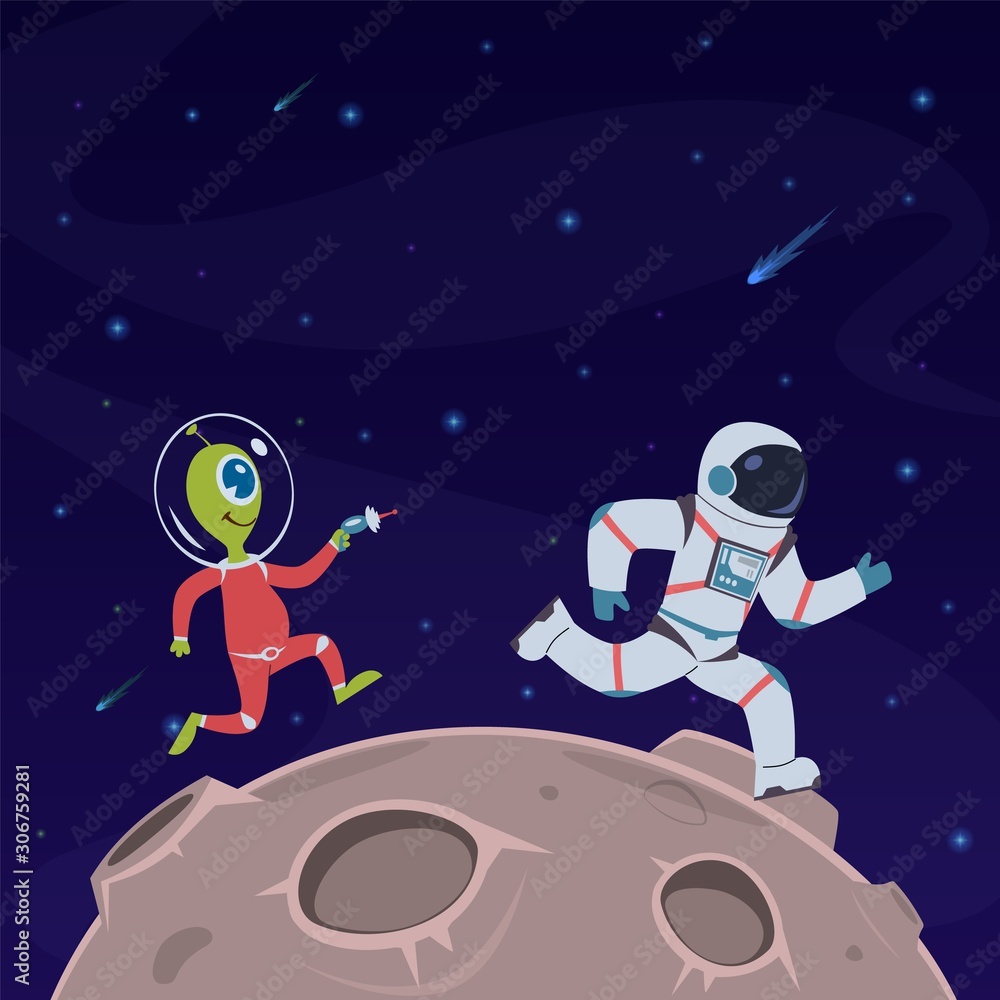Naklejka premium Astronaut and alien. Spaceman runs away from alien humanoid with blaster gun. War in space cartoon vector childish concept
