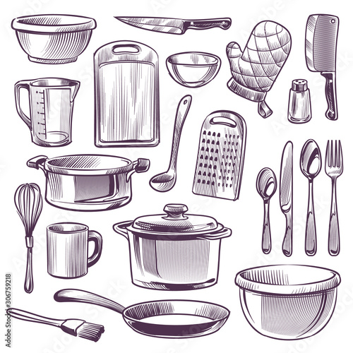 Kitchen utensils. Sketch cooking equipment. Frying pan, knife and fork, spoon and bowl, cup and glass, cutting board doodle retro vector set