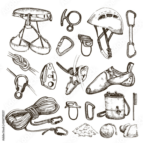 Hand drawn climbing equipment set. 
