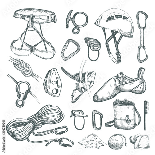 Hand drawn climbing equipment set.  photo