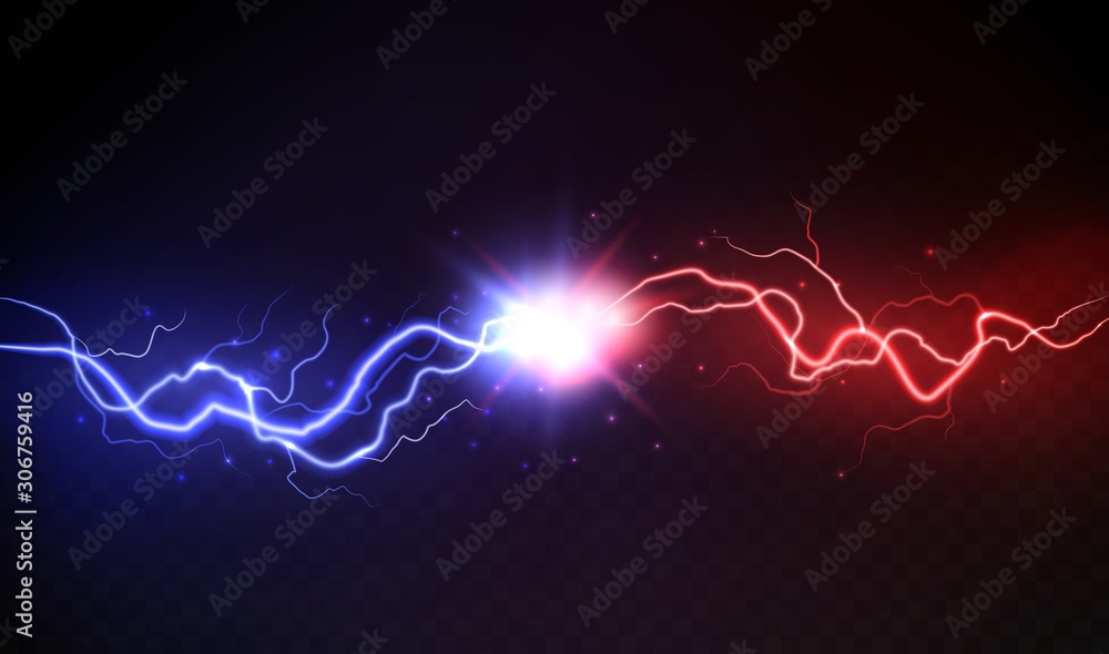 Lightning collision. Powerful colored lightnings, electric forces thunderbolt clash electrical energy sparkling blast, vector versus concept