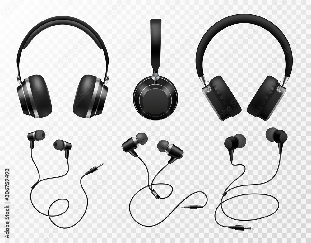 Vecteur Stock Music earphones. Black headphone, gaming headset. Audio  gadget with speaker, wireless mobile earbuds isolated 3d vector set | Adobe  Stock