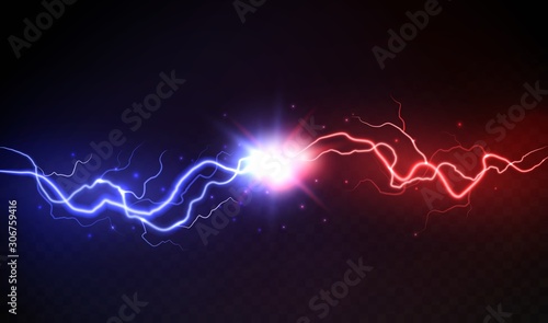 Lightning collision. Powerful colored lightnings, electric forces thunderbolt clash electrical energy sparkling blast, vector versus concept