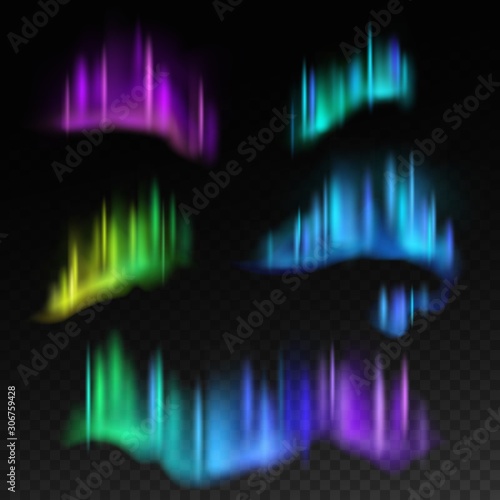 Northern lights. Isolated aurora borealis, bright stripes in night sky vector set
