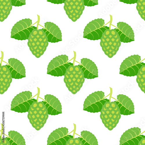 Seamless pattern with hop cones and leaves on white background.