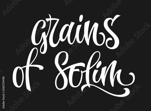 Vector hand drawn calligraphy style lettering word - grains of selim. Isolated script spice text label. White colored design.