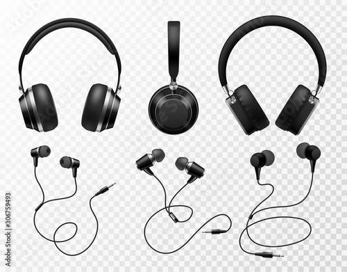 Music earphones. Black headphone, gaming headset. Audio gadget with speaker, wireless mobile earbuds isolated 3d vector set photo
