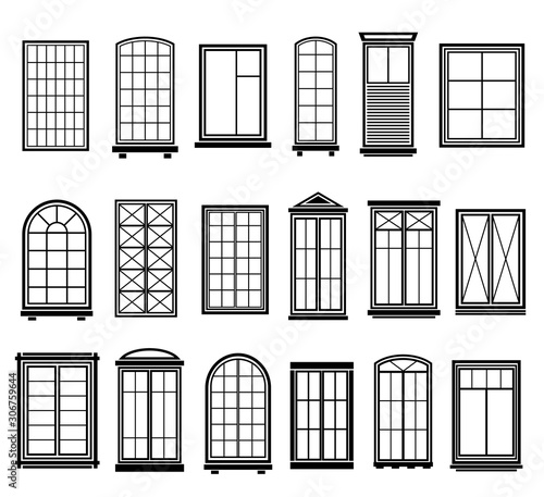 Window frames. Vintage framing windows, blank decorative glass frame construction. Black silhouettes vector set