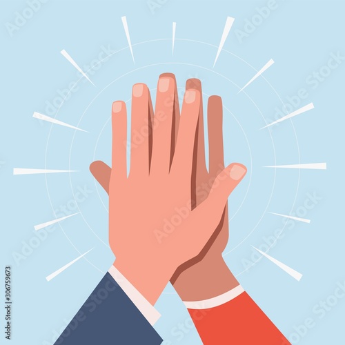 High five hands. Two hands giving high five informal greeting with friendly partners, great work achievement. Team success vector concept