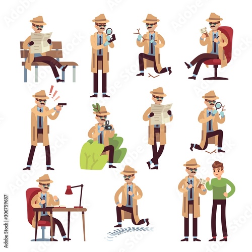 Detective characters. cartoon police secret agent and private search, surveillance hiding work isolated vector set