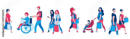 Set of characters coming with packages from stores. People shopping at the Mall.