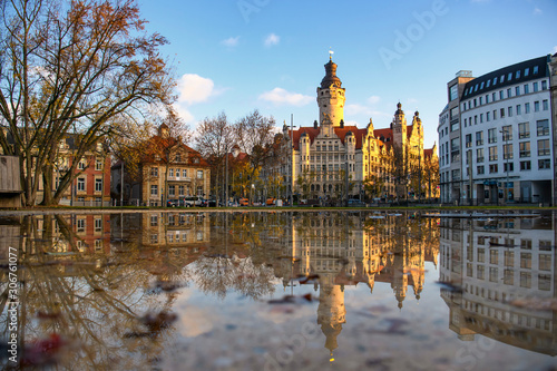 Morning view to New City Hall Neues Rathaus in historical part of Leipzig, Germany. November 2019