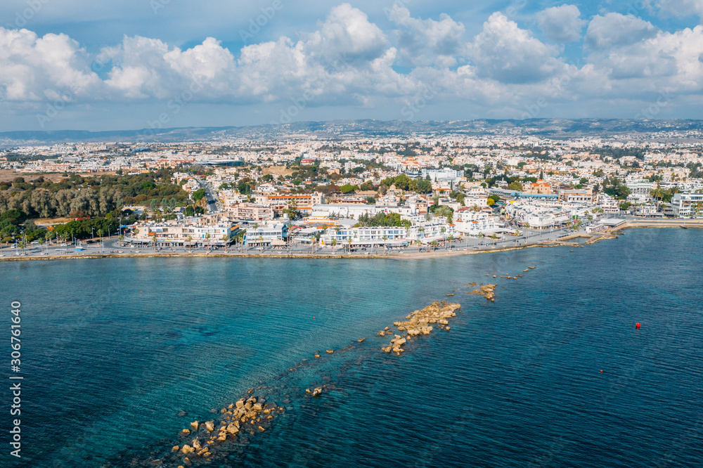 Aerial view of Paphos embankment from water. Famous Cyprus mediterranean resort.